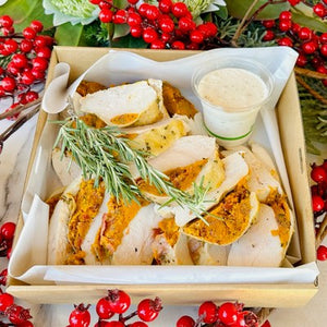 Chicken Breast Platter stuffed under skin with roasted pumpkin & sage with crispy prosciutto & capsicum (GF, DF) - Rosalie Gourmet Market