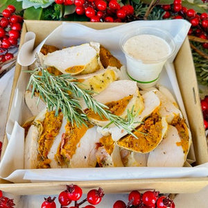 Chicken Breast Platter stuffed under skin with roasted pumpkin & sage with crispy prosciutto & capsicum (GF, DF) - Rosalie Gourmet Market