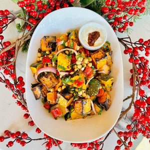 Christmas Roasted Sweet Potato, Pumpkin & Chickpeas with Whipped Feta & Rose Harissa (V, GF) - Rosalie Gourmet Market