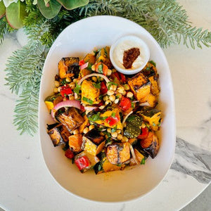 Christmas Roasted Sweet Potato, Pumpkin & Chickpeas with Whipped Feta & Rose Harissa (V, GF) - Rosalie Gourmet Market