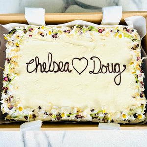 Chocolate piped message on large cakes & slabs