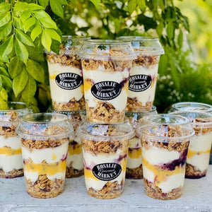 Breakfast granola pots with passionfruit curd, yoghurt & blueberry compote - Rosalie Gourmet Market