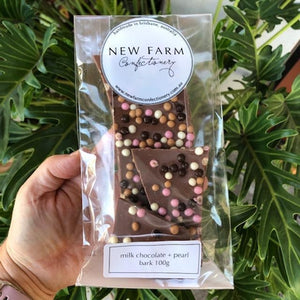 New Farm Confectionery - Milk Chocolate + Pearl Bark 100g - Rosalie Gourmet Market