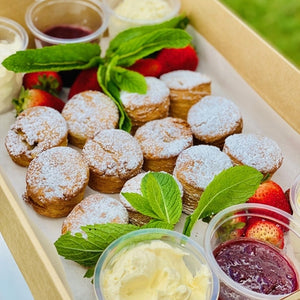 Scone platter with strawberry jam, cream & fresh strawberries - Rosalie Gourmet Market